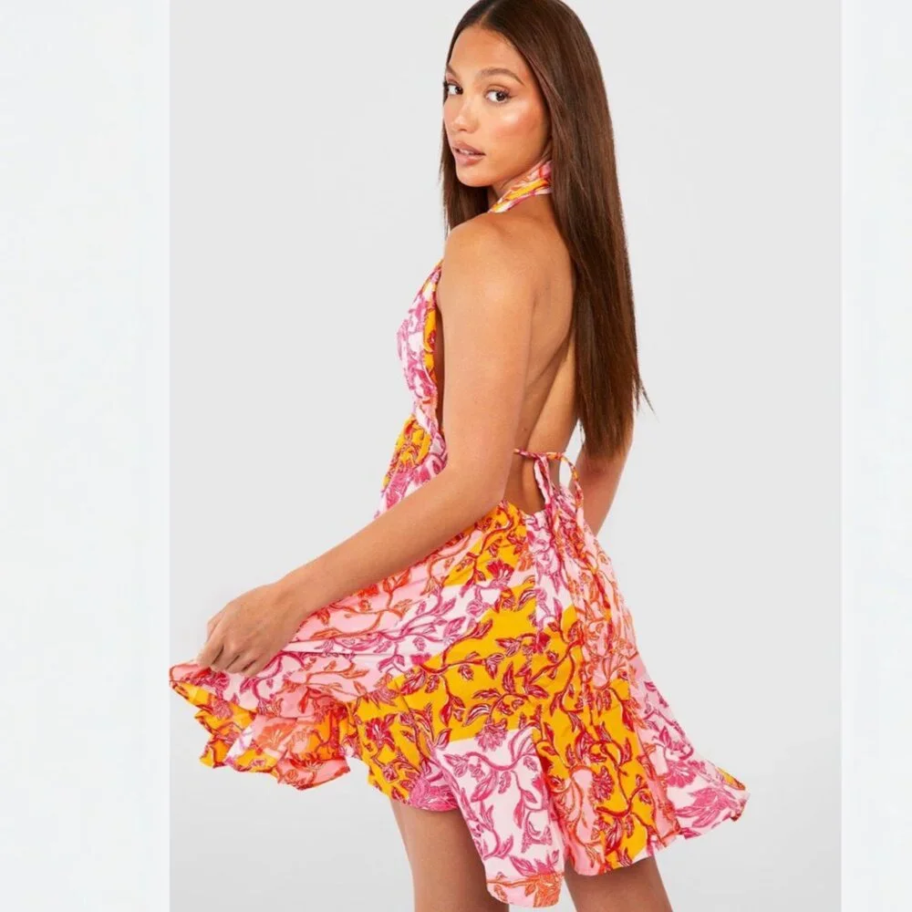 Boohoo Tall Floral Halter Plunge Cage Swing Dress Pink  Floral Size 14 - Picture 2 of 4